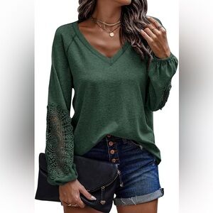Women's Lace Long Sleeve V Neck Pullover Sweatshirts Blouses Casual Tops Green M